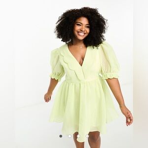 ASOS LUXE Curve scalloped v-neck organza skater mini dress in yellow